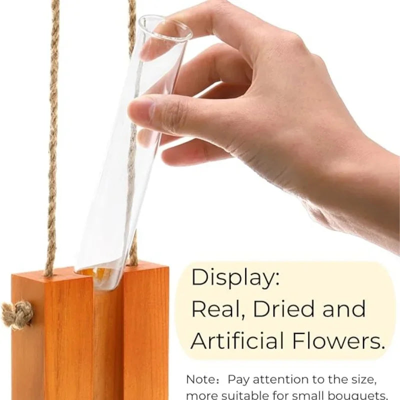 Wooden Hanging Planters Bohemia Wall Plant Propagation Terrarium Flower Tube Vase with Wood Stand, Indoor Propagator for Plants Oasis Select