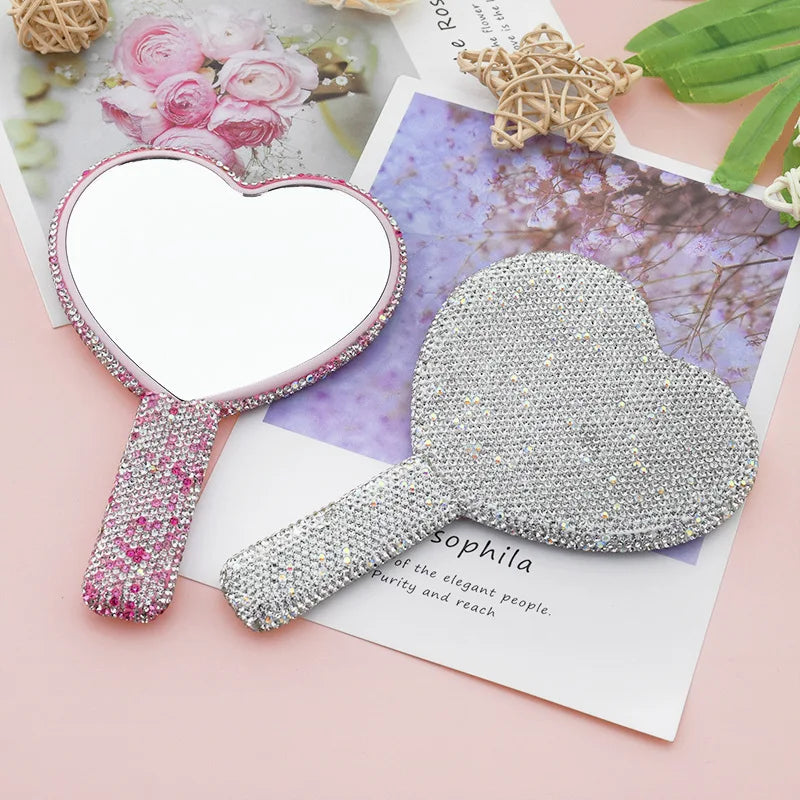 Diamond Rhinestone Handheld Makeup Mirror – Heart Round Square