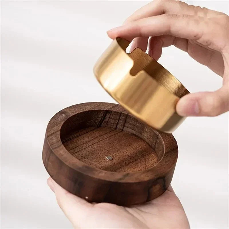 1pc Walnut Wood Ashtrays with Lid Covered Windproof Ashtray Stainless Steel Liner Indoor Outdoor Ash Tray for Home Oasis Select