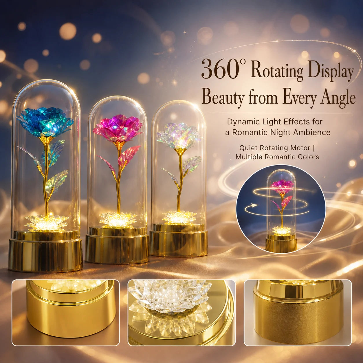 Never Beauty and the Beast Rose with Rose in Clear Dome with Led Light Powered by Battery Gift for Birthday Wedding Valentines Oasis Select