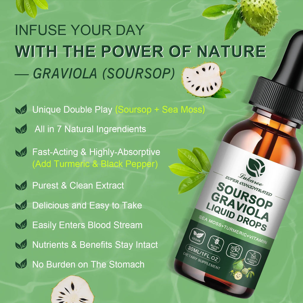 30ML Soursop Graviola Extract Drops Support Immunity and Digestion ,Metabolism Health, Detox and Antioxidation Gluten-Free Oasis Select