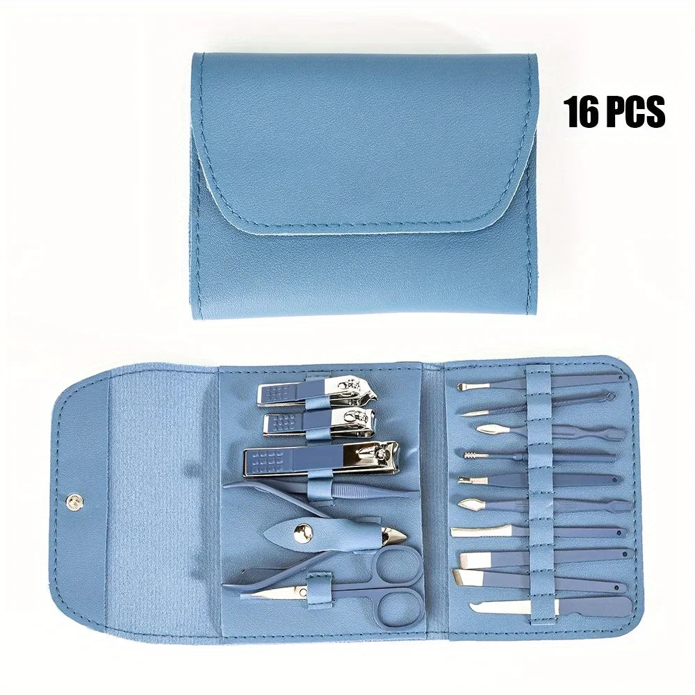 16pcs Professional Nail Clippers and Cuticle Nippers Set with Travel Case Manicure Set Pedicure Sets Nail Clippers Oasis Select Blue