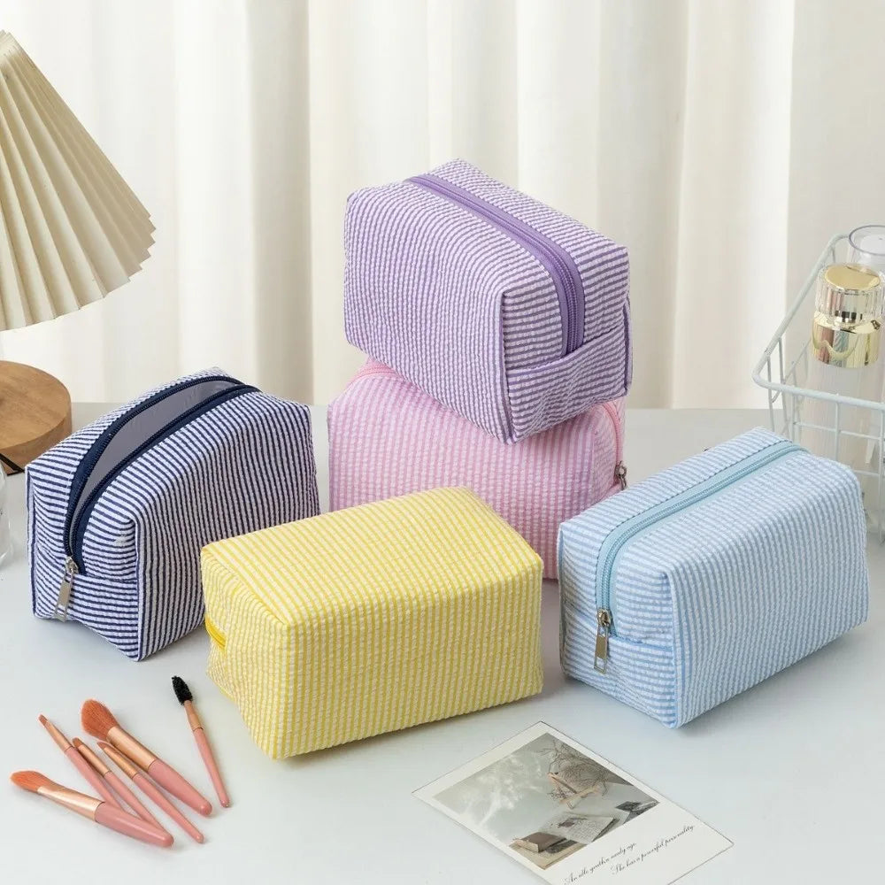 Striped Seersucker Travel Cosmetics & Toiletry Organizer Bag