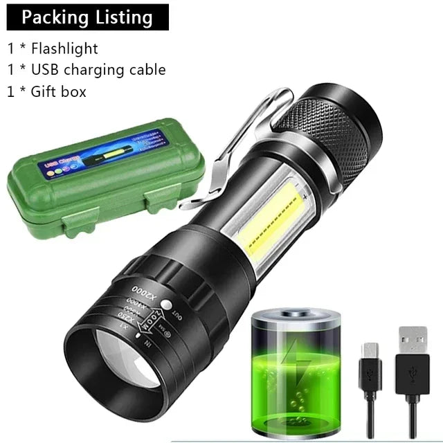 Mini Portable Flashlight COB+XPE Zoomable Small Torch USB Rechargeable Outdoor Camping Fishing Long Range Emergency Lantern Oasis Select 1pc With Box