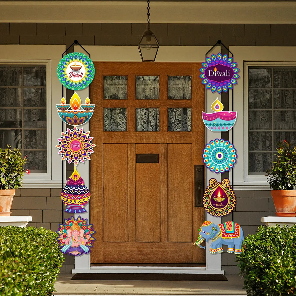 10PCS India Diwali Porch Sign Creative Elephant Couplets Door Hanging India Diwali Party Door Banner Decoration Hanging Flag Oasis Select