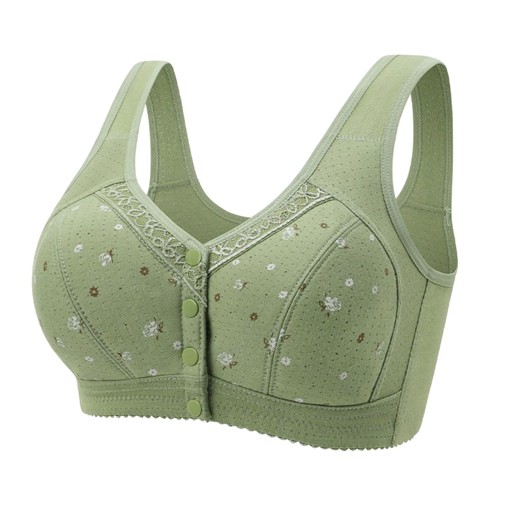 Plus Size Flower Print Wire Free No Pads Nursing Bra Mid-aged Mom Open Front Vest Brassiere Lingerie Cotton Bralette Underwear Oasis Select Green 38
