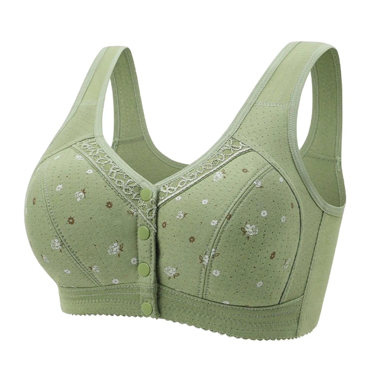 Plus Size Flower Print Wire Free No Pads Nursing Bra Mid-aged Mom Open Front Vest Brassiere Lingerie Cotton Bralette Underwear Oasis Select Green 38