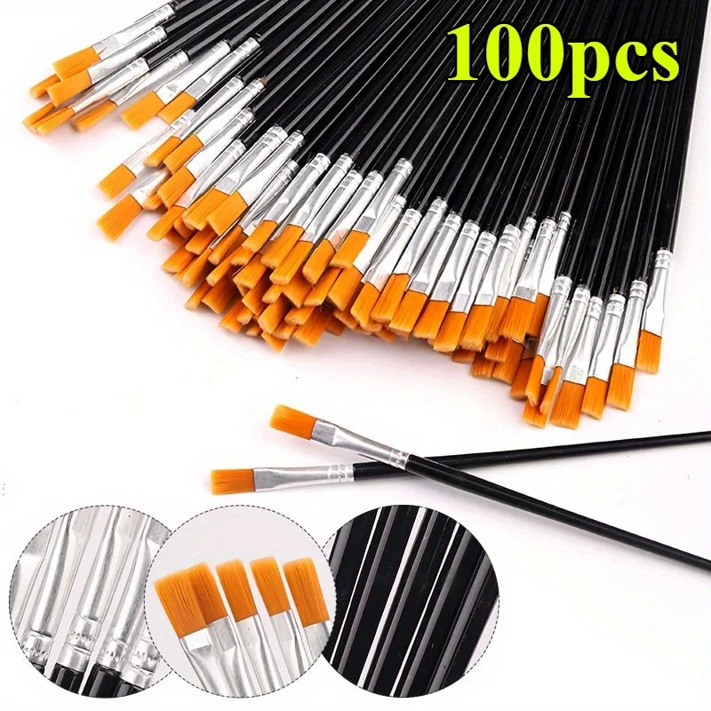 100pcsPainting Brushes Set Art Round Flat Hair Nylon Hair Paint Brush for Oil Acrylic Watercolor Kids/Artists/Beginners/Students Oasis Select