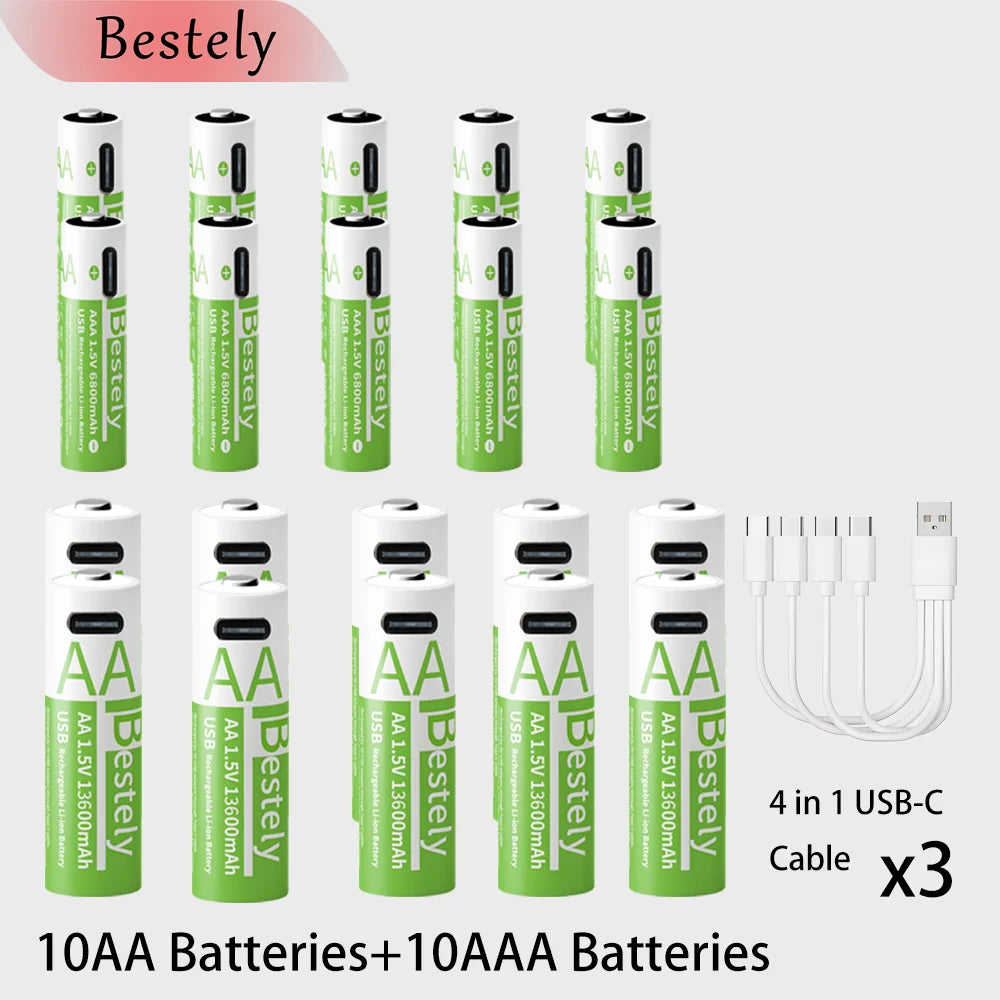 New1.5V AA 13600mAh + AAA 6800mAh Rechargeable Lithium Battery,USB-C Charge, 2000 Cycles，Low Self-Discharge Battery Oasis Select 20PCS 1.5V