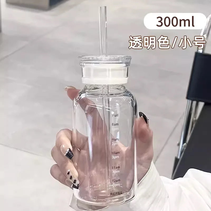 300/500/750ml Large Glass Water Bottle with Straw 2 Lids Clear Kawaii Drinking Bottle Leakproof Iced Coffee Cup for Woman Girl Oasis Select White-300ML <0.25L