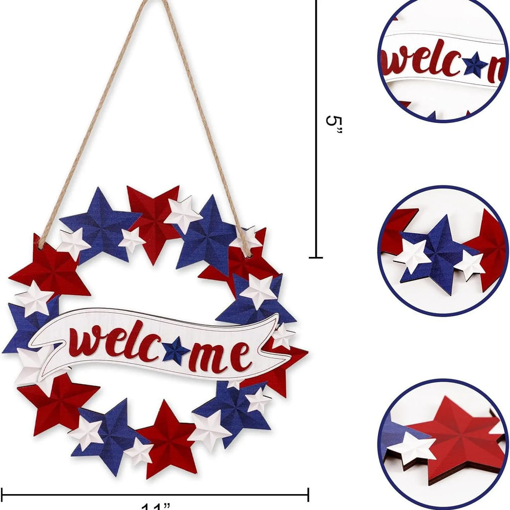 Independence Day Wooden Front Door Welcome Star Garland - Wooden Red, White and Blue Star Sign Door Plate Decoration Oasis Select