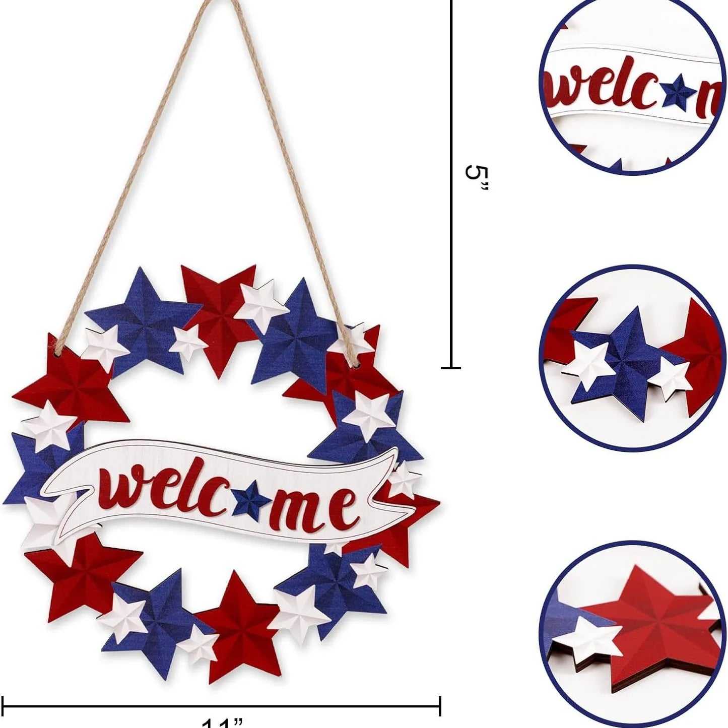 Independence Day Wooden Front Door Welcome Star Garland - Wooden Red, White and Blue Star Sign Door Plate Decoration Oasis Select
