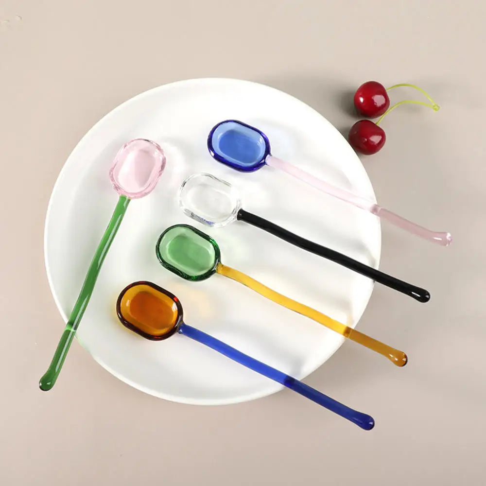 Simple Creative Milk Dessert Spoon Color Pastoral High Temperature Resistant Glass Spoon Cute Long Handle Coffee Mixing Spoon Oasis Select
