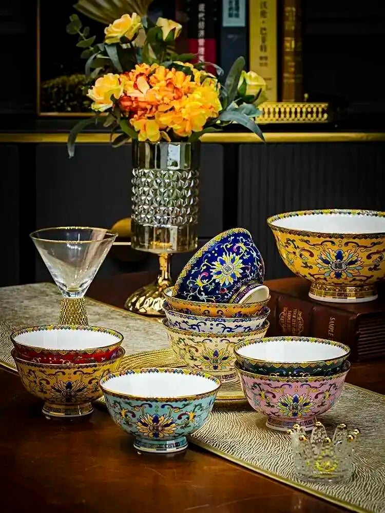 Bone China Dining Bowl Enamel Colored Chinese High Footed Rice Noodles Soup Bowl Tablewear Oasis Select