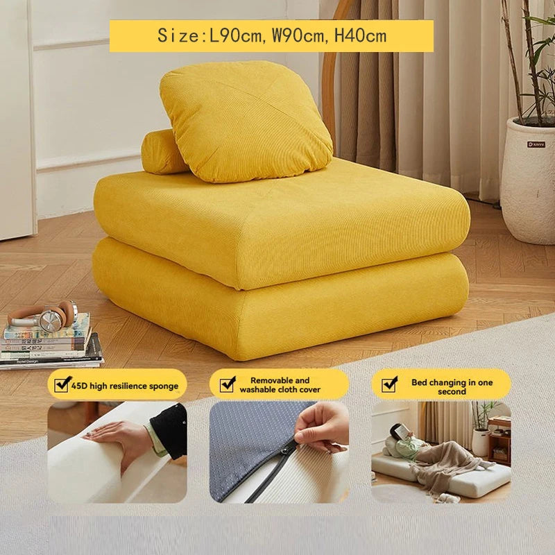 Fabric single sofa, sweet potato sofa bed, small-sized living room folding dual-use tatami, tofu block lazy sofa Oasis Select yellow