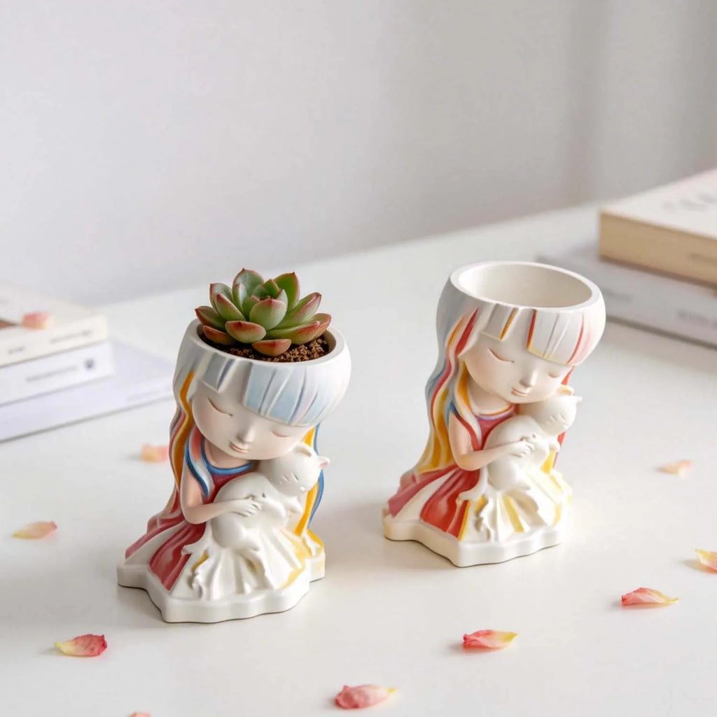 Cat & Girl Flower Pot 3D Silicone Mold – Resin Candle Craft