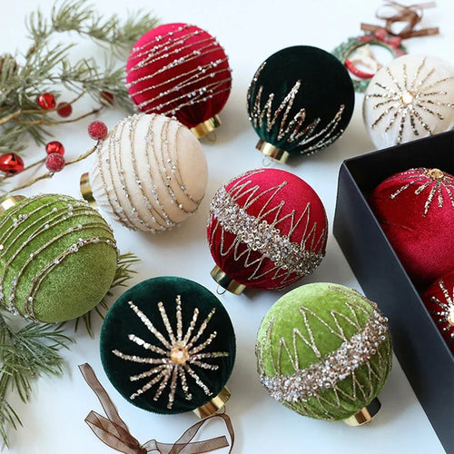 12 Velvet Christmas Tree Decorations 8cm Flocked Ornaments for Seasonal Home Display on Trees Garlands and Fireplaces Oasis Select