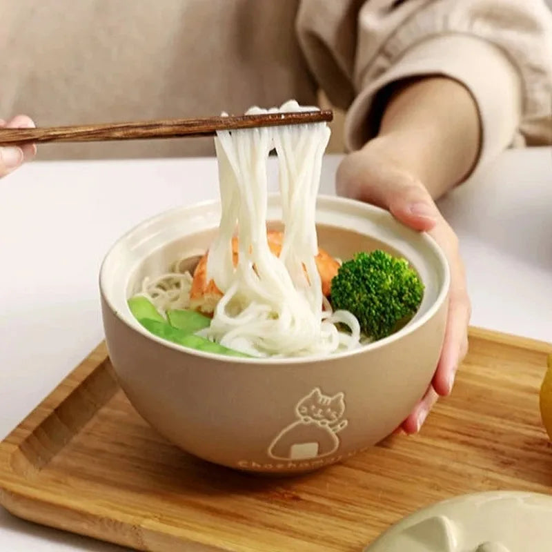 1pcs Japanese Tableware Cute Cat Ceramic Bowl Large Capacity Household Soup Bowl Student Instant Noodle Bowl with Lid Oasis Select