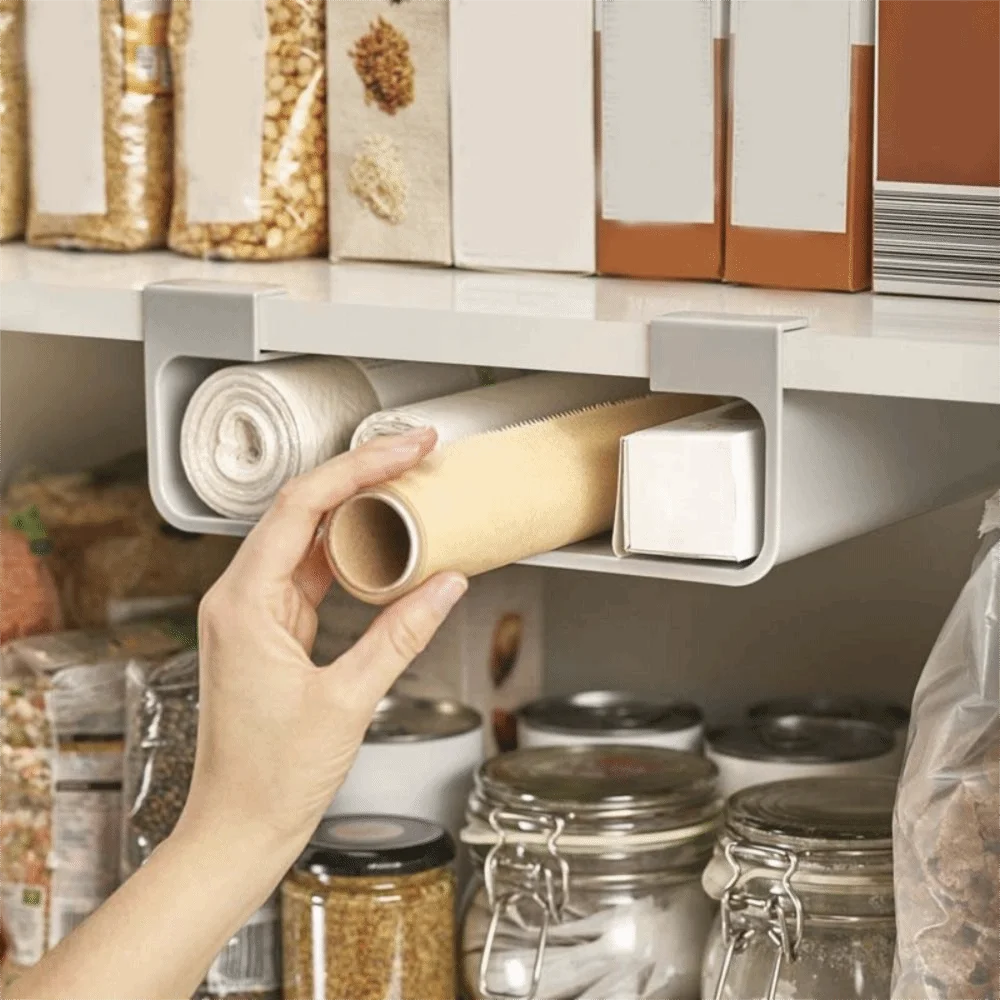 Wall-Mounted Cling Film & Tin Foil Organizer – Grey Storage Shelf Kitchen Wrap Organizer Oasis Select