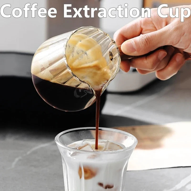 180ML Espresso Cup with Wood Handle Coffee Measuring Glass Milk Frothing Jug Latte Creative Stripe Art Mug Coffee Accessories Oasis Select