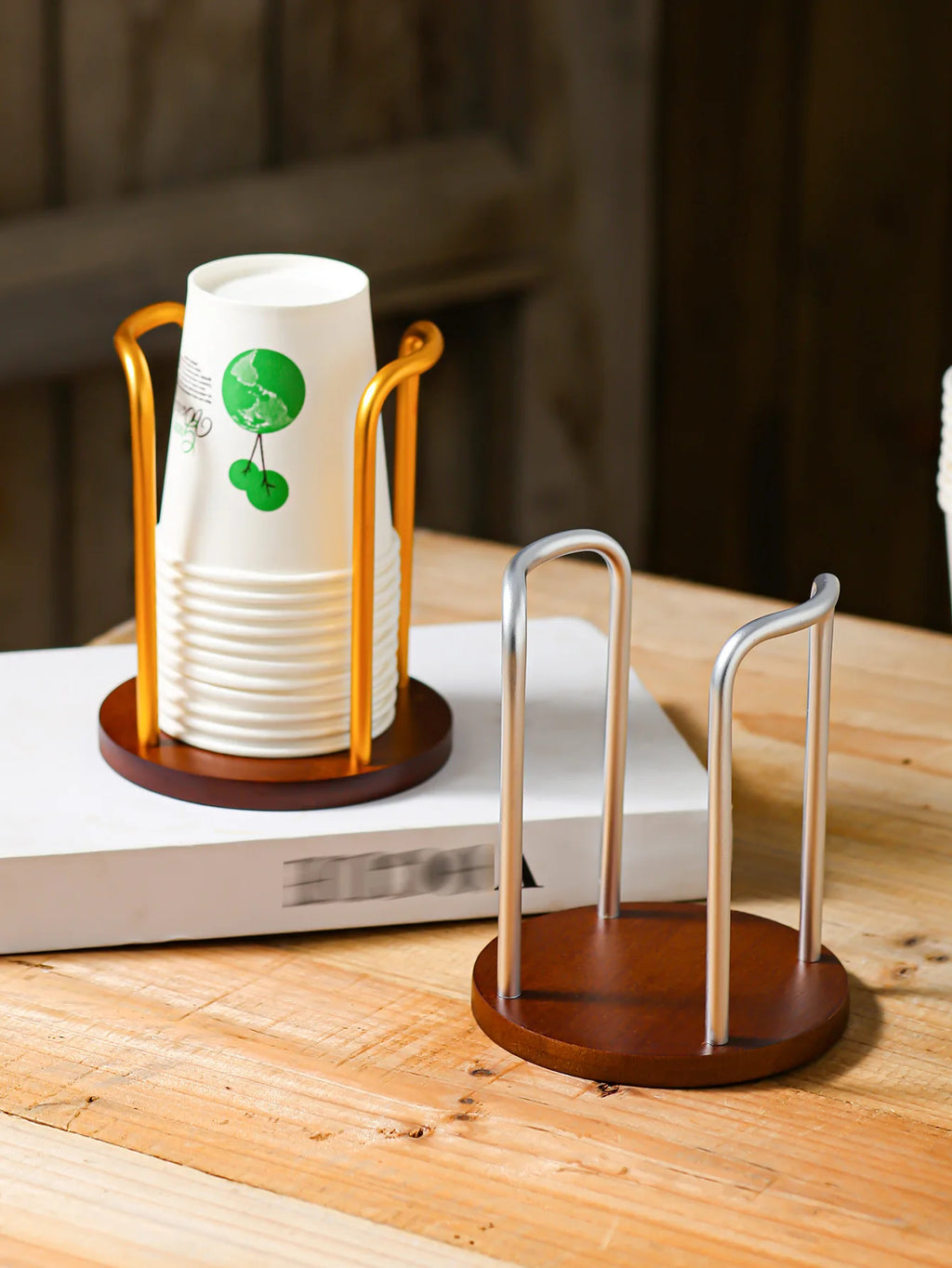 Bamboo & Aluminum Desktop Cup Holder for Coffee & Tea