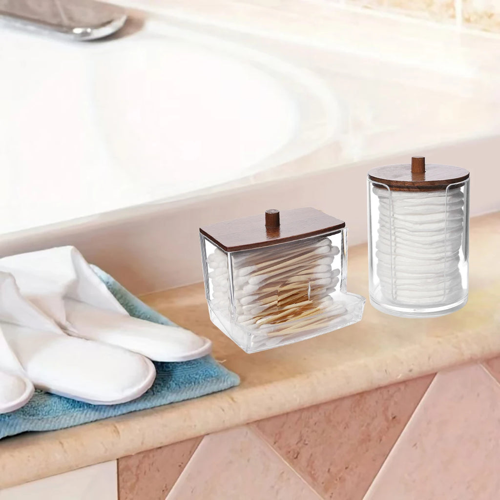 4pack Cotton Swab Holders,With Walnut Stained Wood Lids Apothecary Jar Containers, Cotton Ball Dressers, Bathroom Organization Oasis Select