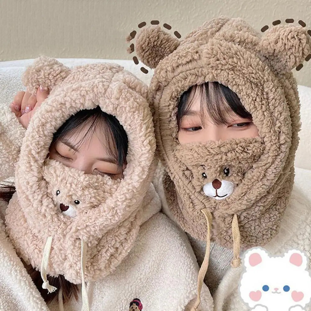 2025NEW Winter Cartoon Hat With Mask Bear Lamb Beanie Hats Warm Thickened Ear Protection Beanies for Women Girl Kawaii Oasis Select