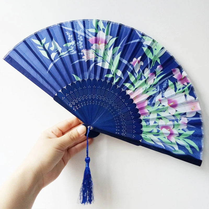Chinese Engraved Folding Hand Fan Wooden Shank Classical Dance Tassel Fan Wedding Birthday Party Favor Fan Decor Gifts For Guest Oasis Select