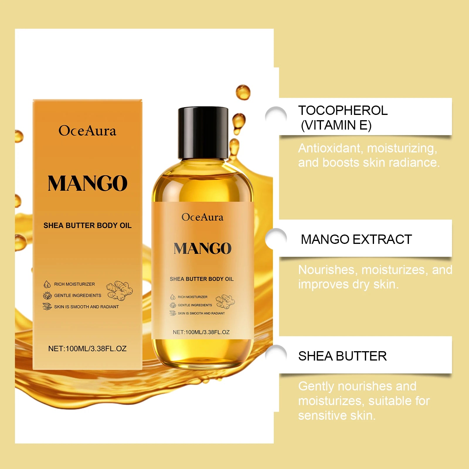 Anti-Aging Mango & Shea Firming Body Oil for Improving Dryness and Roughness Nourishing and Moisturizing Body Skin Skincare Oil Oasis Select