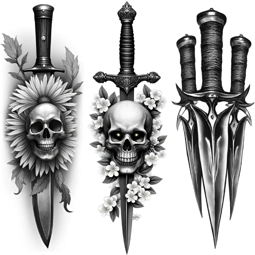 3-Pack Waterproof Temporary Tattoos – Skull & Sword Body Stickers