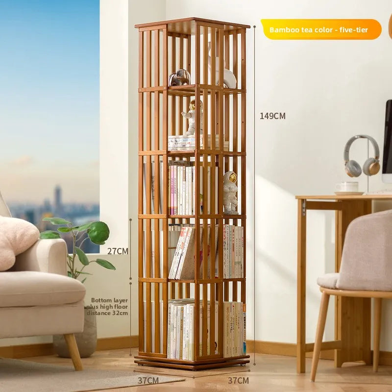 360 ° rotating bookshelf bookcase floor to wall shelf children's simple storage rack toy cabinet simple multi-layer Oasis Select Brown five layers