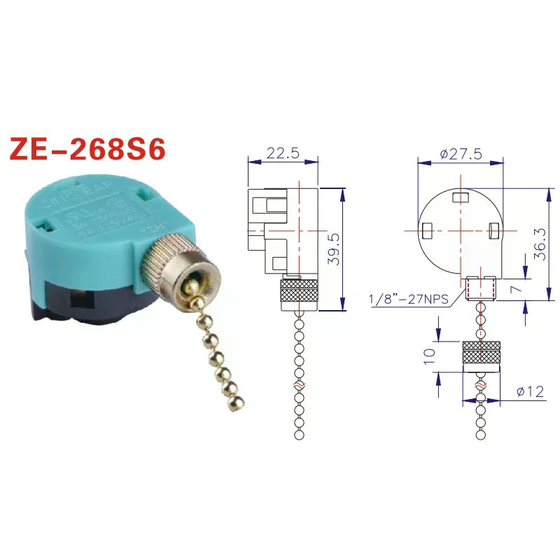 Ceiling Fan Switch 3 Speed 4 Wire ZE-268S6 Fan Pull Chain Speed Control Switch Oasis Select
