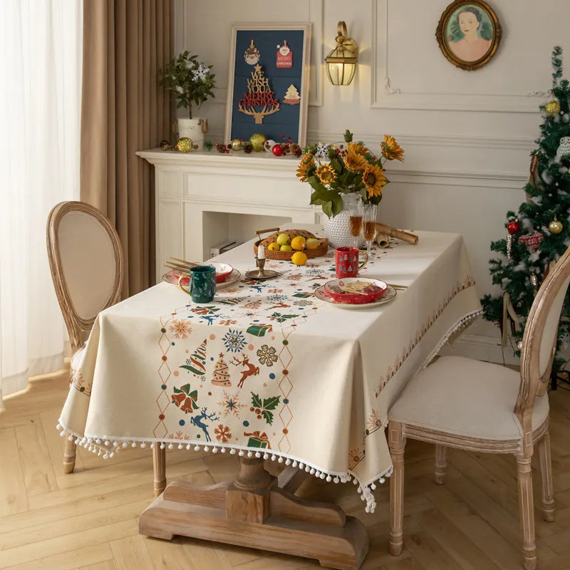 Christmas Decoration Colorful Spun Jacquard White Ball Tablecloth Rectangular Tablecloth Festive Atmosphere Oasis Select