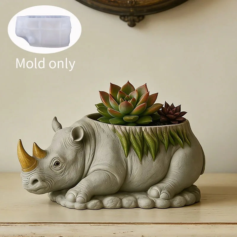 Cute Rhino Succulent Planter Pot Silicone Mold DIY Concrete Resin Animal Flower Pot Desktop Decor Mini Plant Container Oasis Select