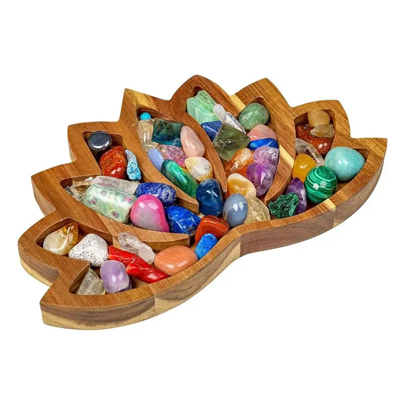 ~WISH Healing Stones, Gems-Lotus Crystal Display Tray-11" X 7" Wooden Rock Bowl, Crystal Holder-Showcase Oasis Select Brown