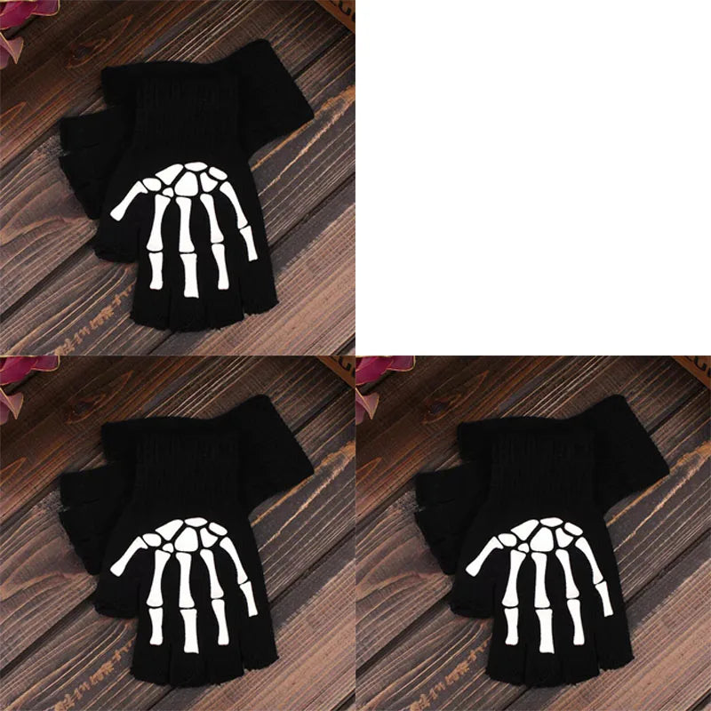 1/2/3/4/5/6pairs Luminous Skull Half Finger Gloves Halloween Role Gloves Autumn/Winter Warm Knitted Gloves Elastic Gloves Oasis Select 3pairs