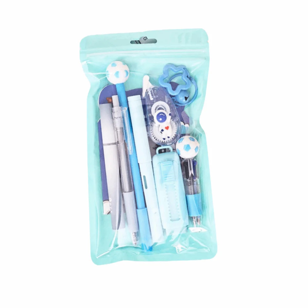 Cartoon School Stationery Set 6 Color Pens Stick Note Cartoon Stationery Set Book Ballpoint Pen Student Tools Gift Kit Oasis Select Blue
