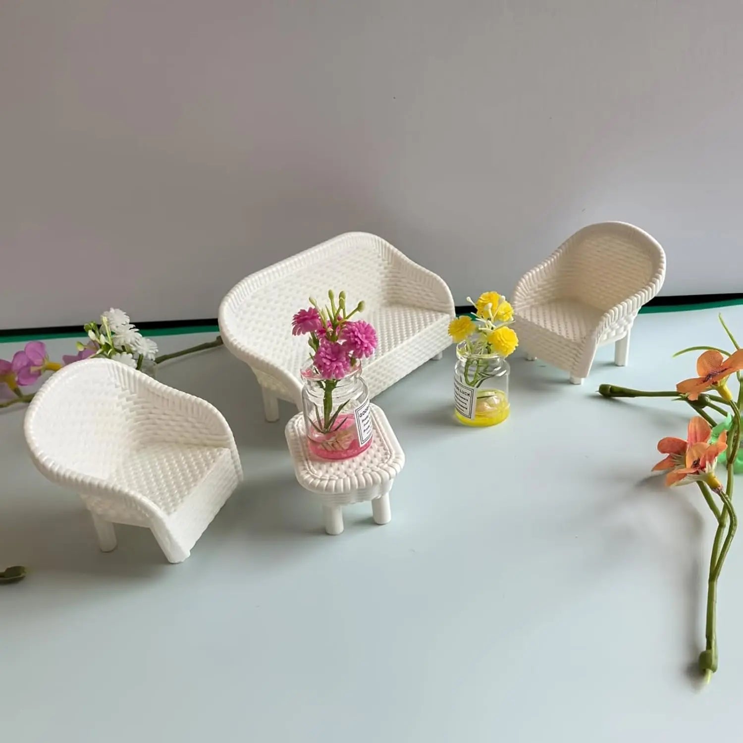 4 PCS Miniature White Wicker Tea Table & Chair Set Dollhouse Furniture Micro Landscape Props for Bedroom Fairy Garden Decor Oasis Select