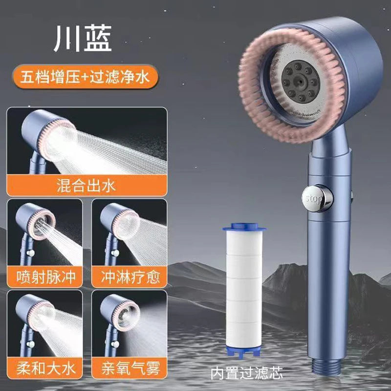 New 5 Mode Pressurized Shower Head With Filter Stop Button Water Saving Spray Nozzles Big Boost Showerhead Bathroom Accessories Oasis Select New blue shower