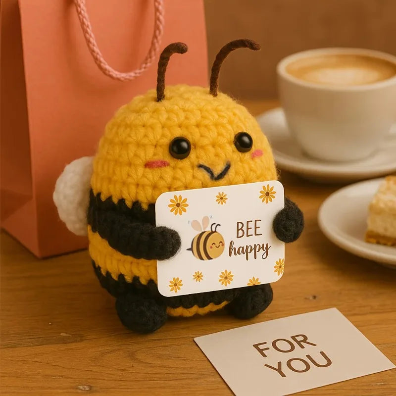 Cute Crochet Bee Plush Toy with "BEE Happy" Card Handmade Knitted Stuffed Animal Gift for Friends & Family Oasis Select