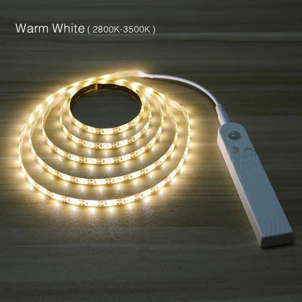 Led Light Strip PIR Motion Sensor Induction Lamp Tape Battery Powered 60leds/M 2835SMD Night Light for Bed Closet Wardrobe Stair Oasis Select Warm White 3m