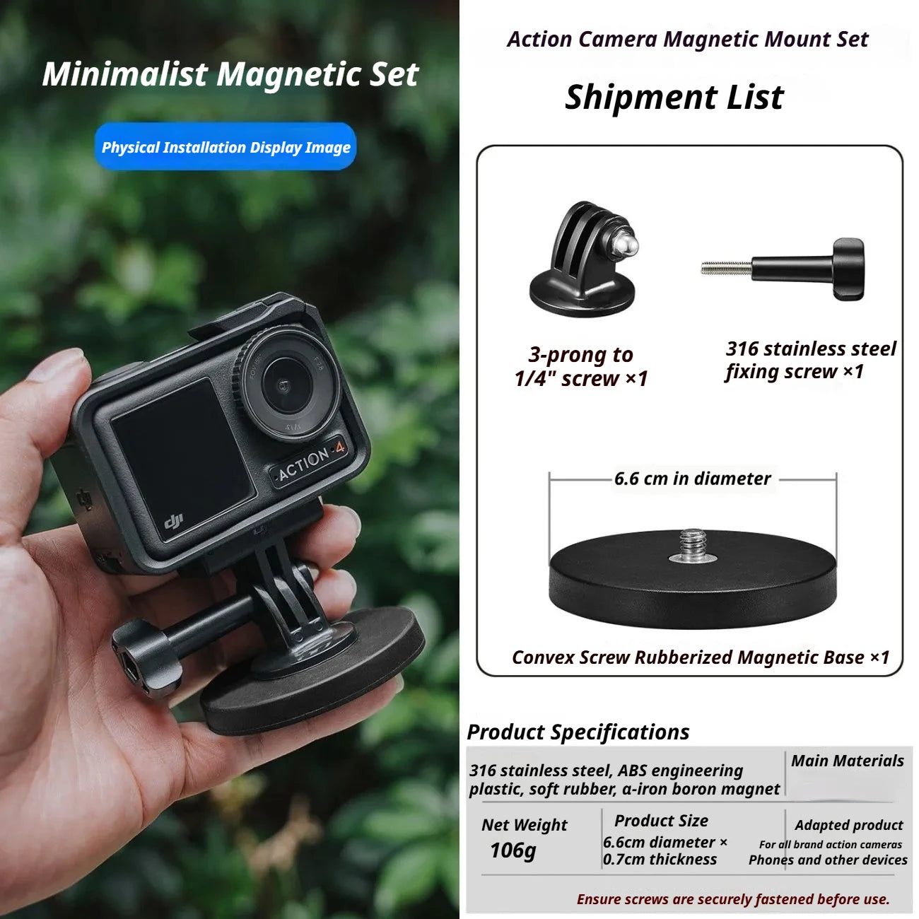 Magnetic Suction Camera Mount for DJI Osmo, Insta360 & GoPro