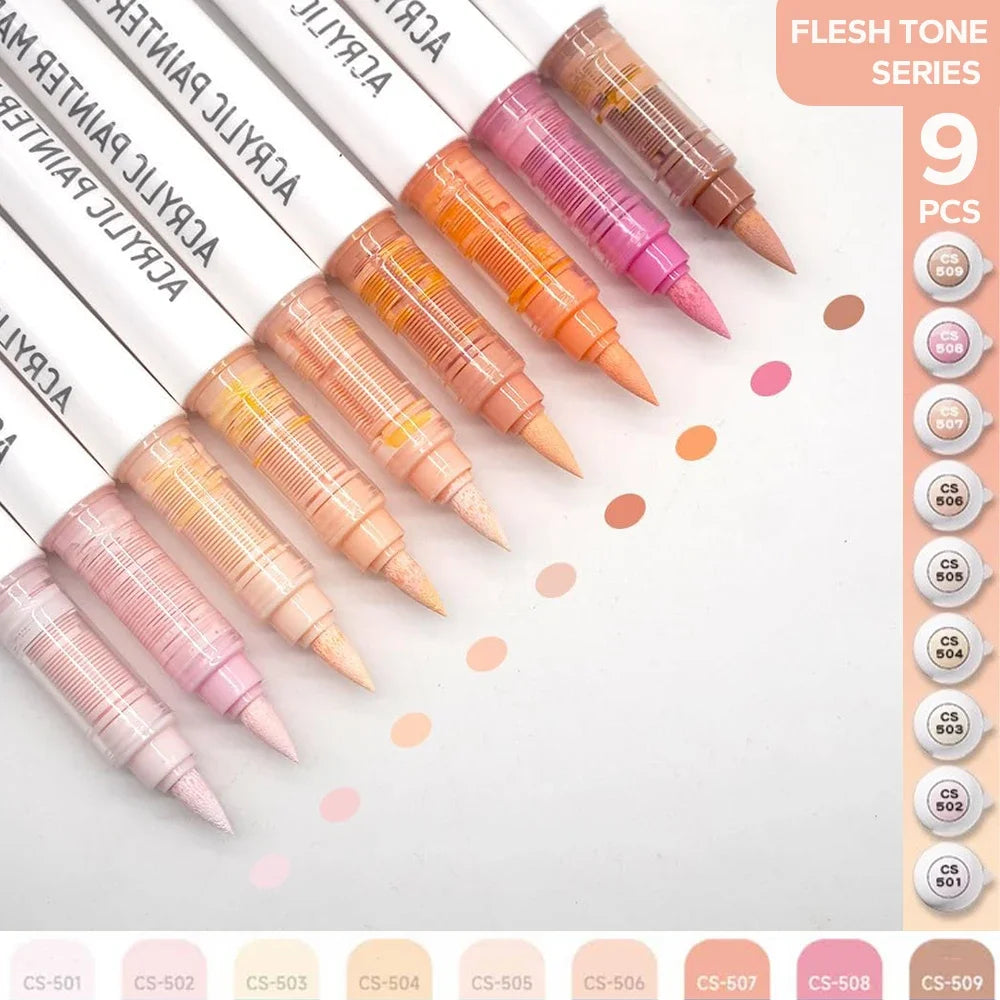 9pcs/set Acrylic Brush Markers Set -Pro Art Markers with Ink Control for Painting Drawing Sketching Art Supplies Highlighter Pen Oasis Select Flesh Tone Series
