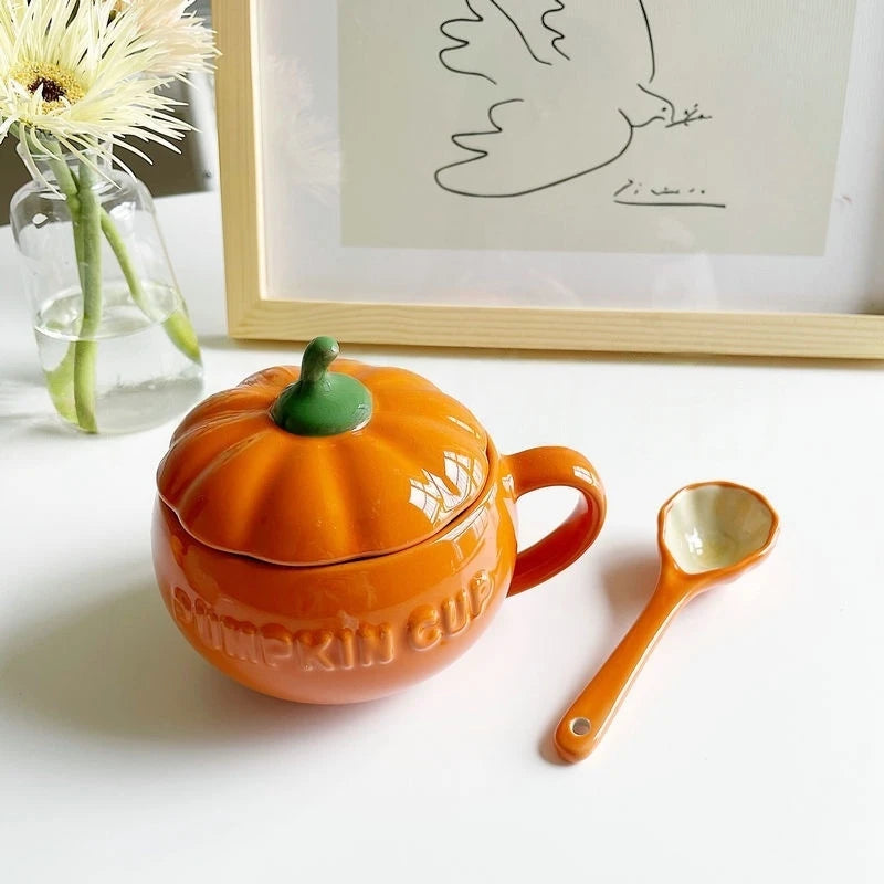 Ceramic Pumpkin Cup Thermos Cup with Lid Exquisite Breakfast Oatmeal Heat-Insulating Scalding-Proof Milk Mug Halloween Gift Cup Oasis Select Cup-with-spoon 201-300ml