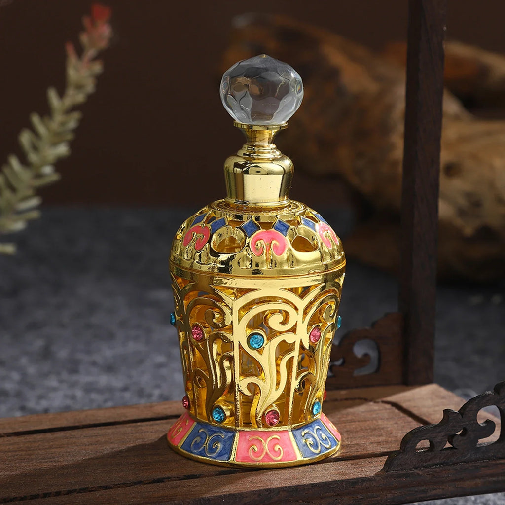 12ml Empty Perfume Bottle Golden Hollow Enamel Flower Glass & Metal & Crystal Decor SPA Refilling Lotion Essential Oil 93mm/3.7" Oasis Select
