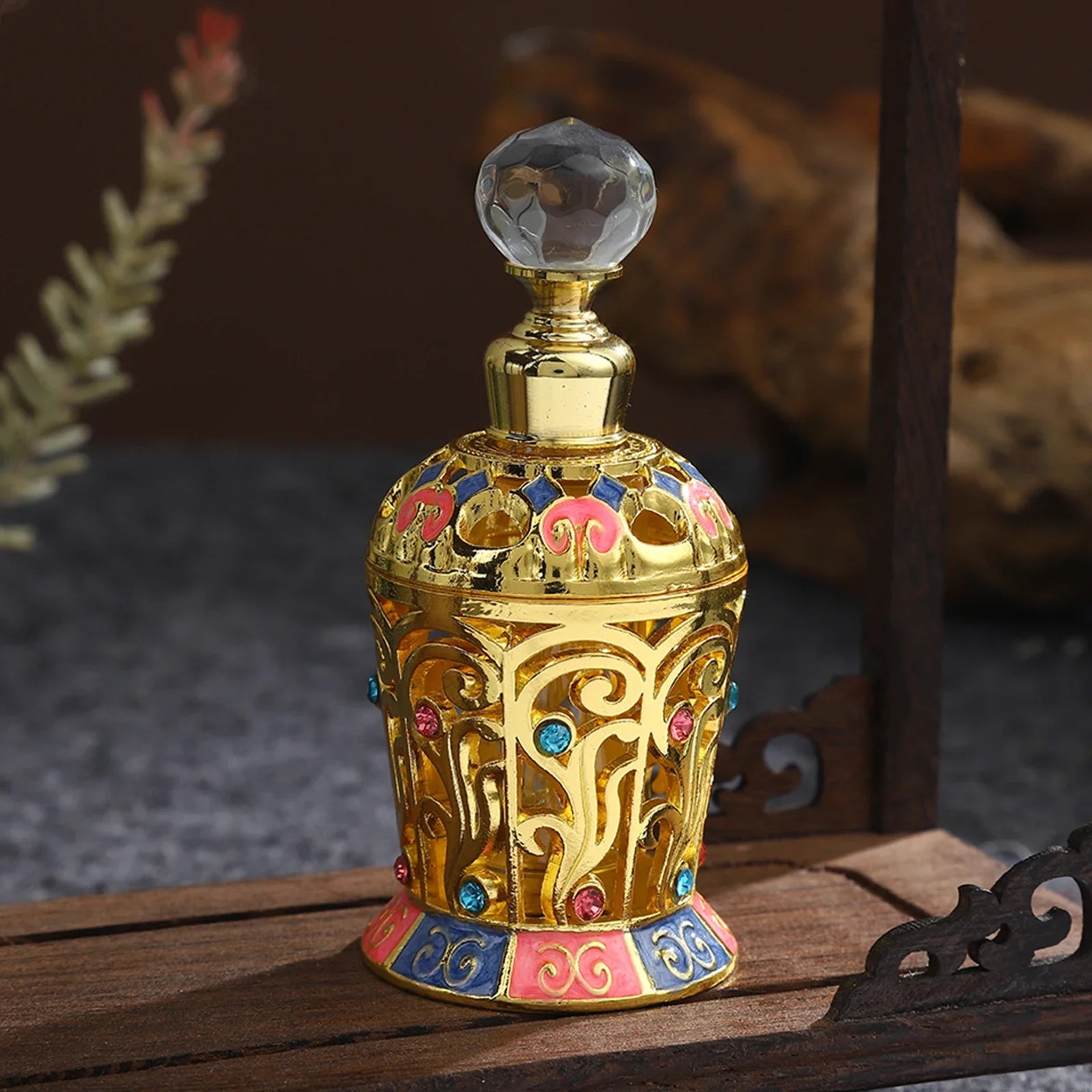 12ml Empty Perfume Bottle Golden Hollow Enamel Flower Glass & Metal & Crystal Decor SPA Refilling Lotion Essential Oil 93mm/3.7" Oasis Select