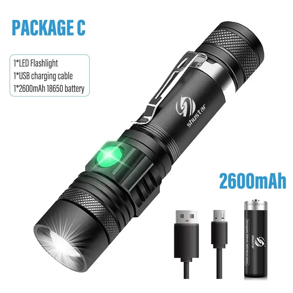 High Power Led Flashlights Zoomable Camping Torch With T6 LED Lamp Beads Waterproof 4 Lighting Modes Multi Function USB Charger Oasis Select U518 18650x1