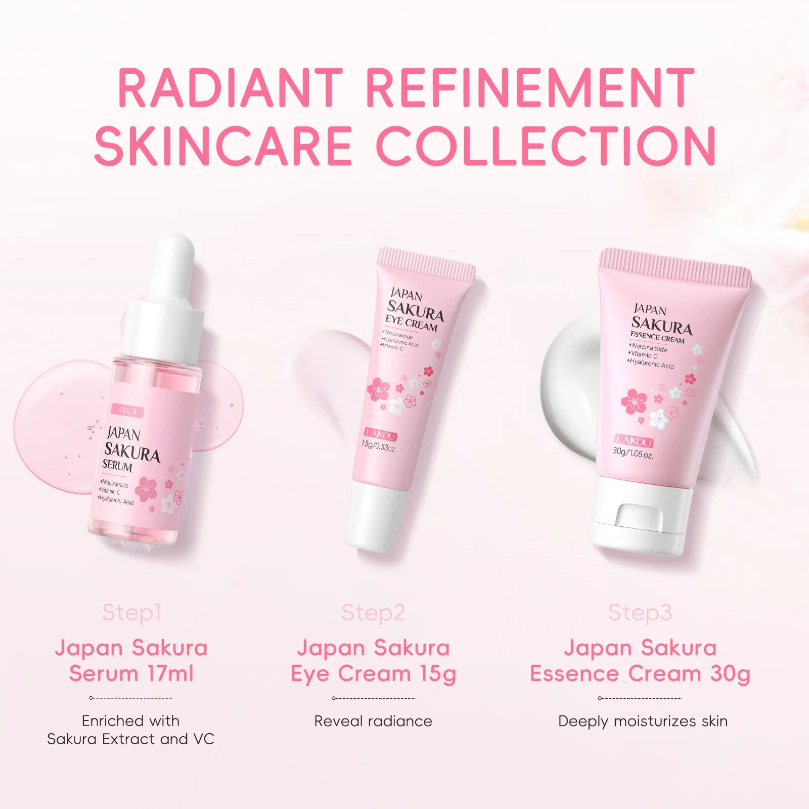 LAIKOU Sakura 3Pcs Facial Kit Face Cream Serum Eye Cream Hydrating Moisturizing Soothing Mini Travel Skincare For Women Gift Oasis Select