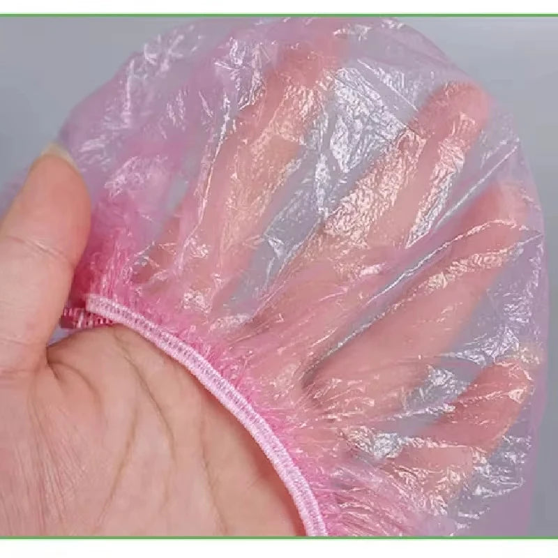 Women's Disposable Shower Cap, Plastic Waterproof Head Cover, Pink Spa Salon, Hotel Hair Dye, Elastic Hair Cap, 100 Pieces/set Oasis Select