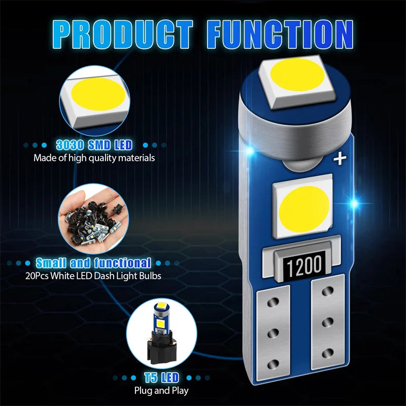 20Pcs 12V Canbus T5 58 74 286 W1.2W 3030 LED 3SMD Wedge LED Light Car Dashboard Instrument Panel Lamp Bulb Oasis Select